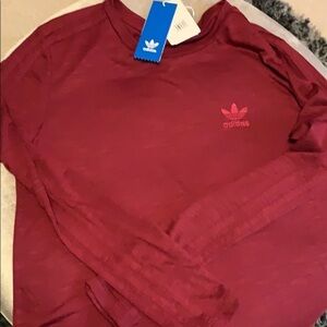 adidas maroon long sleeve shirt, stripes on sleeve